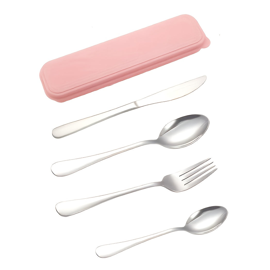 5pcs Portable Stainless Steel Cutlery Set with Storage Box, Reusible Silverware Camping Utensils Includes Fork Spoon Knife Dishwasher Safe for Work School Picnic Travel Lunchbox Kit