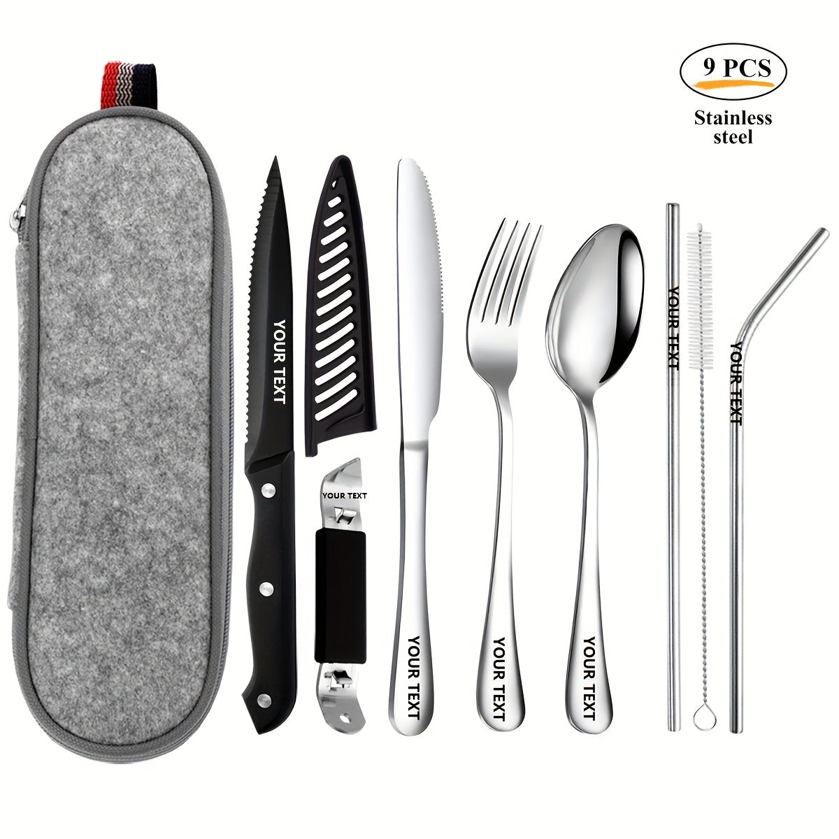Personalized Customized Outdoor Portable Cutlery Set, Travel Camping Set, 9/10pcs Including Knife, Fork, Spoon, Chopsticks, Cleaning Brush, Straw, Bottle Opener, Steak Knife with Knife Cover, Safe And Not Easily Damaged, Portable Bag, Silvery/Black