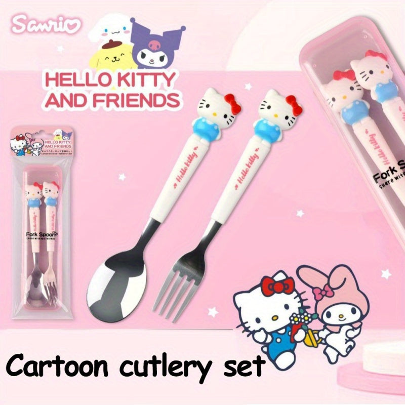 KT Cutlery Set - Outdoor Chopsticks, Knife & Fork Sanrio 2pcs Set: Hello Kitty, Cinnamon Dog, Melody Spoon and Fork Combo, Cute Cartoon Stainless Steel with 3D Silicone Handle for Camping Picnic, All-Season Use