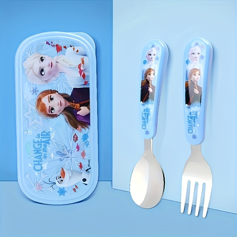 2pcs/set Elsa Stainless Steel Fork And Spoon Set with Box, Cartoon Cute Anna Portable Reusable Tableware, Kawaii Home And Outdoor School Supplies, Camping Accessories Christmas Birthday Gift