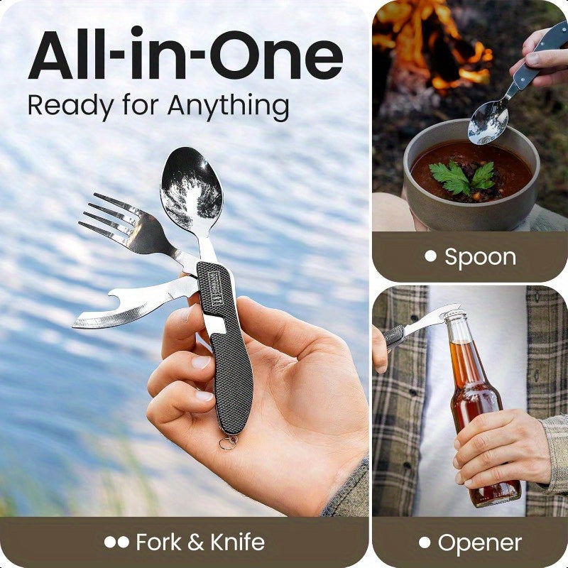 2-Pack Heavy-Duty Stainless Steel 4-in-1 Compact Camping Utensil Set with Detachable Fork, Knife, Spoon & Bottle Opener - Portable Multitool Flatware with Ergonomic Non-Slip Handle, Sheath & Carrying Case for Backpacking, Hiking, Survival, Travel - Ideal