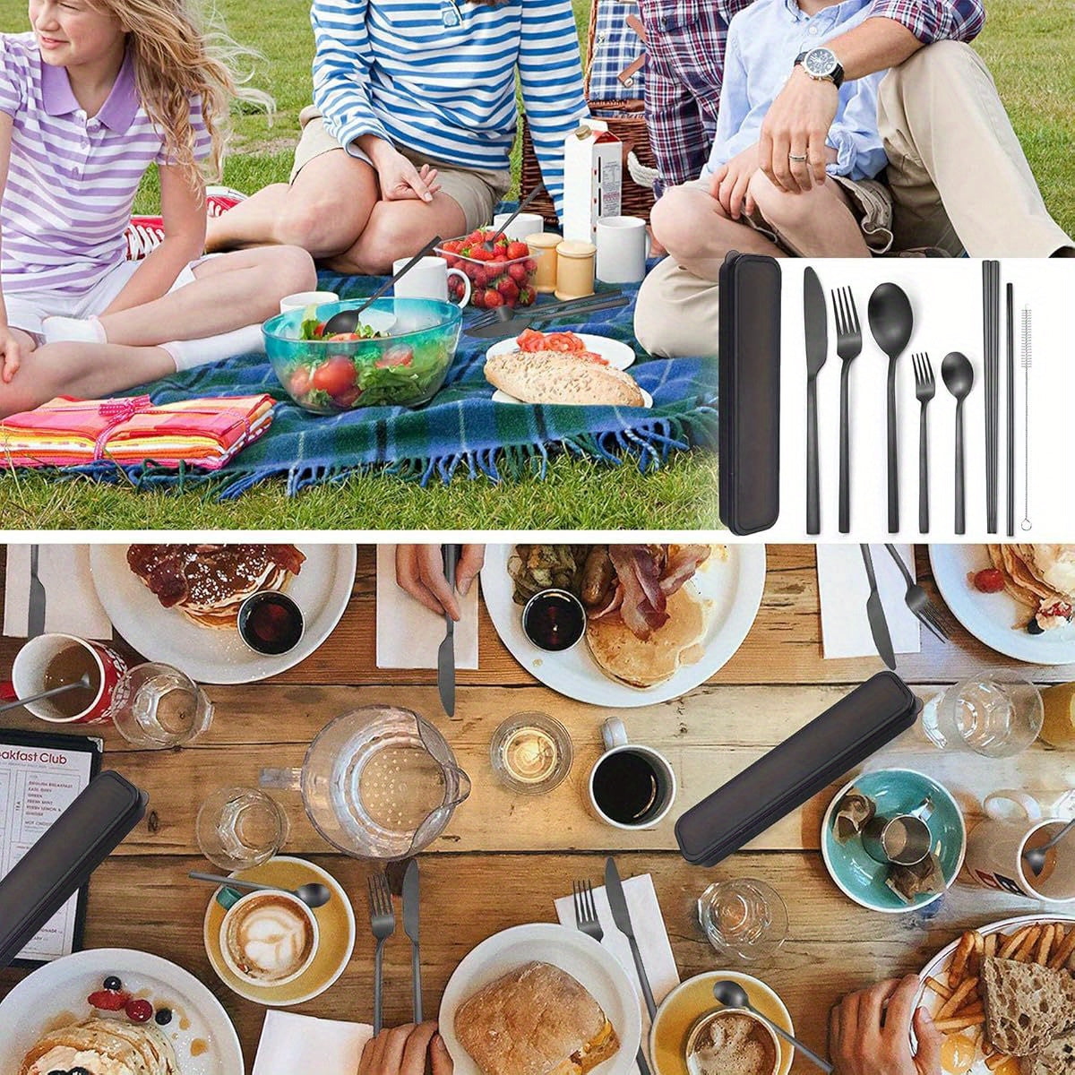 6pcs Stainless Steel Flatware Set - Portable, Reusable Cutlery with Chopsticks, Knife, Fork, Spoon, and Cleaning Brush - Dishwasher Safe, Ideal for Travel and Outdoor Use, Outdoor Dining Essentials|Modern Cutlery Set|Durable Cutlery
