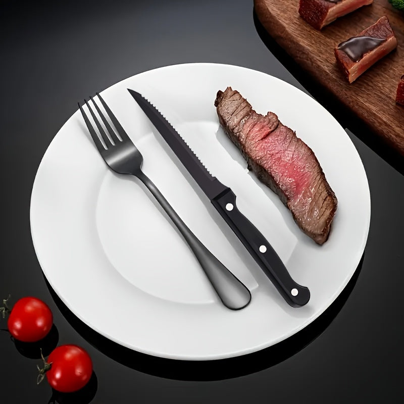 12pcs Stainless Steel Knife and Fork Cutlery Set Classic Black Steak Knife and Fork Dining Table Colorful Pizza Knife Multi-purpose Serrated Bread Knife BBQ Camping Steak Knife and Fork