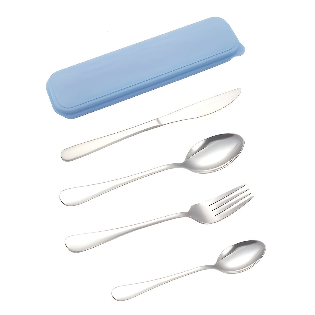 5pcs Portable Stainless Steel Cutlery Set with Storage Box, Reusible Silverware Camping Utensils Includes Fork Spoon Knife Dishwasher Safe for Work School Picnic Travel Lunchbox Kit