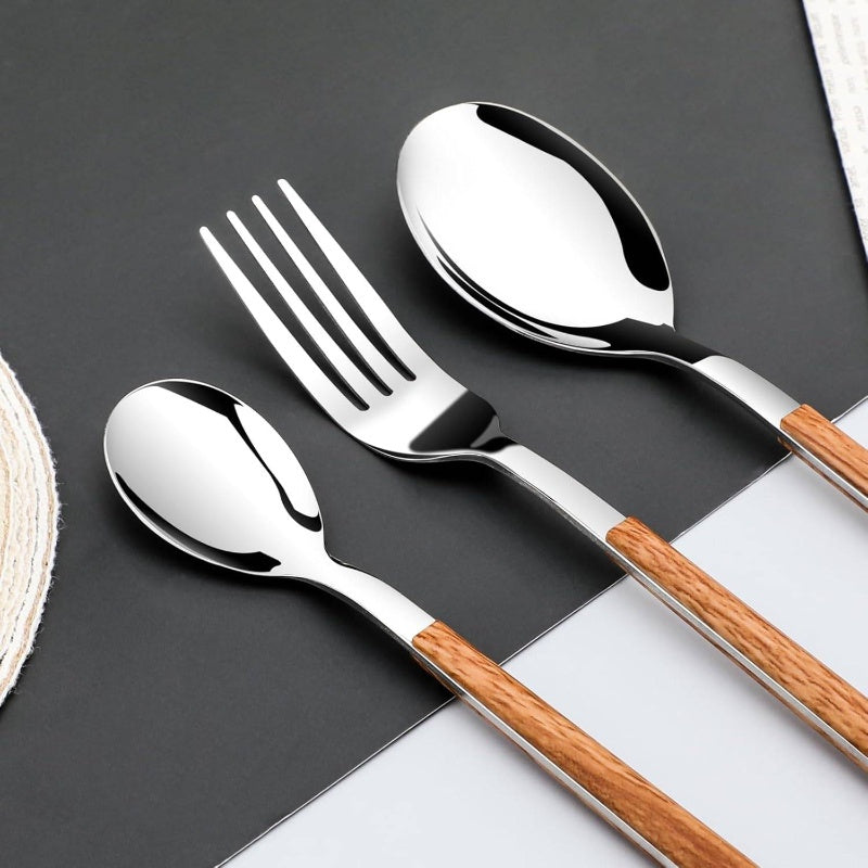 Stainless Steel Flatware Set 4, Cutlery Utensils Set with Simulated Wooden Handle Include Knives Forks Spoons Service 4, Mirror Polished and Dishwasher Safe Silvery, Stainless Steel Cutlery Set, Cutlery Set Stainless Steel, Cutlery, Portable Cutlery Set,