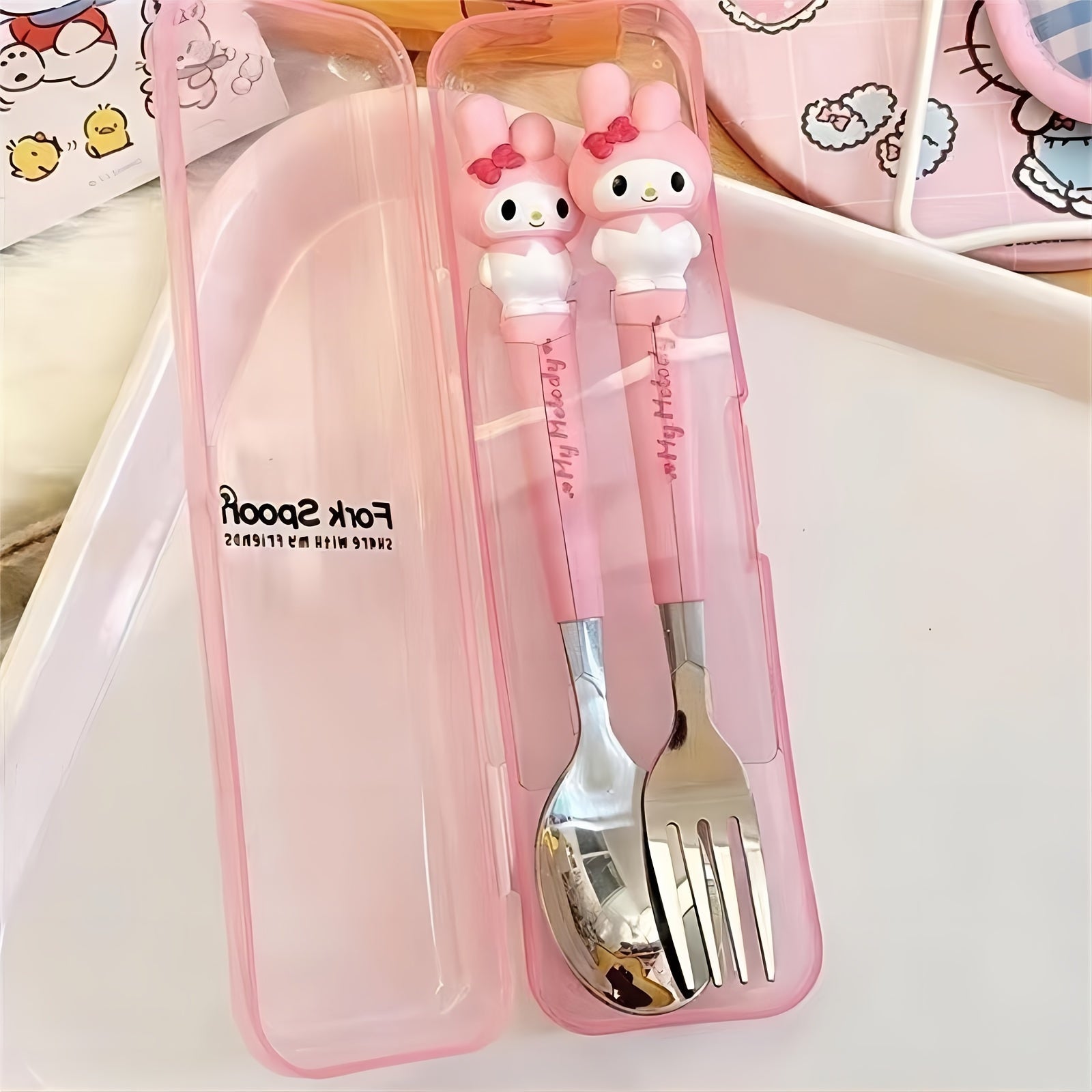 2pcs Sanrio Stainless Steel Portable Cutlery Set - Cute Cartoon Design with Pink Handles, Includes Spoon and Fork, Ideal for Outdoor Travel and Daily Use, Travel Essentials|Playful Design|Durable Cutlery