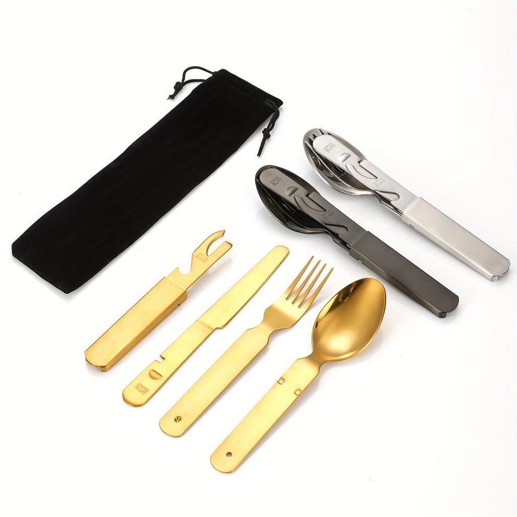 Personalized customization, 4pcs stainless steel portable outdoor tableware set - suitable for travel, equipped with knife, fork, spoon, bottle opener and storage bag - outdoor combination tableware, camping outdoor travel Golden, black and Silvery