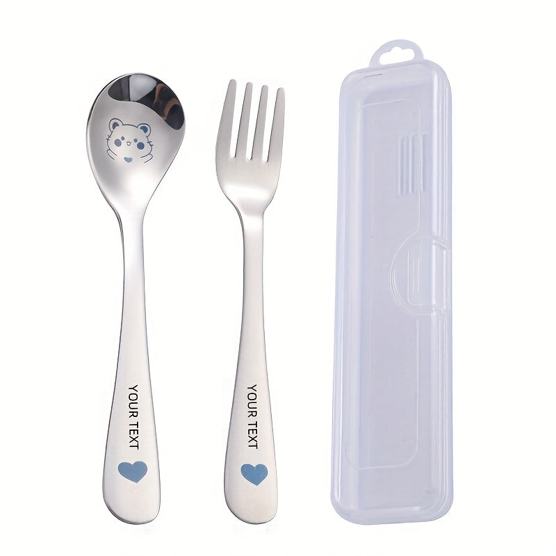Personalized Customization, 2pcs+Box Portable Cutlery Set with Fork Spoon, Reusable Stainless Steel Fork Spoon Set, Cute Cartoon Cutlery with Cutlery Box, Suitable for Travel, Outdoor Camping, Gift Giving, Cats, Dogs, Pigs, Frogs, Deer