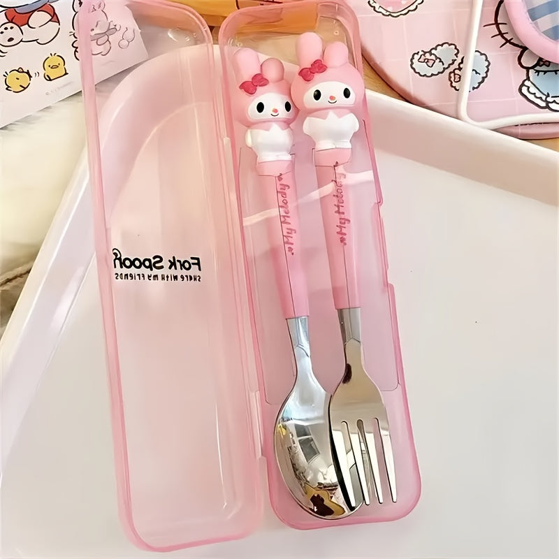 2pcs Sanrio Stainless Steel Portable Cutlery Set - Cute Cartoon Design with Pink Handles, Includes Spoon and Fork, Ideal for Outdoor Travel and Daily Use, Travel Essentials|Playful Design|Durable Cutlery