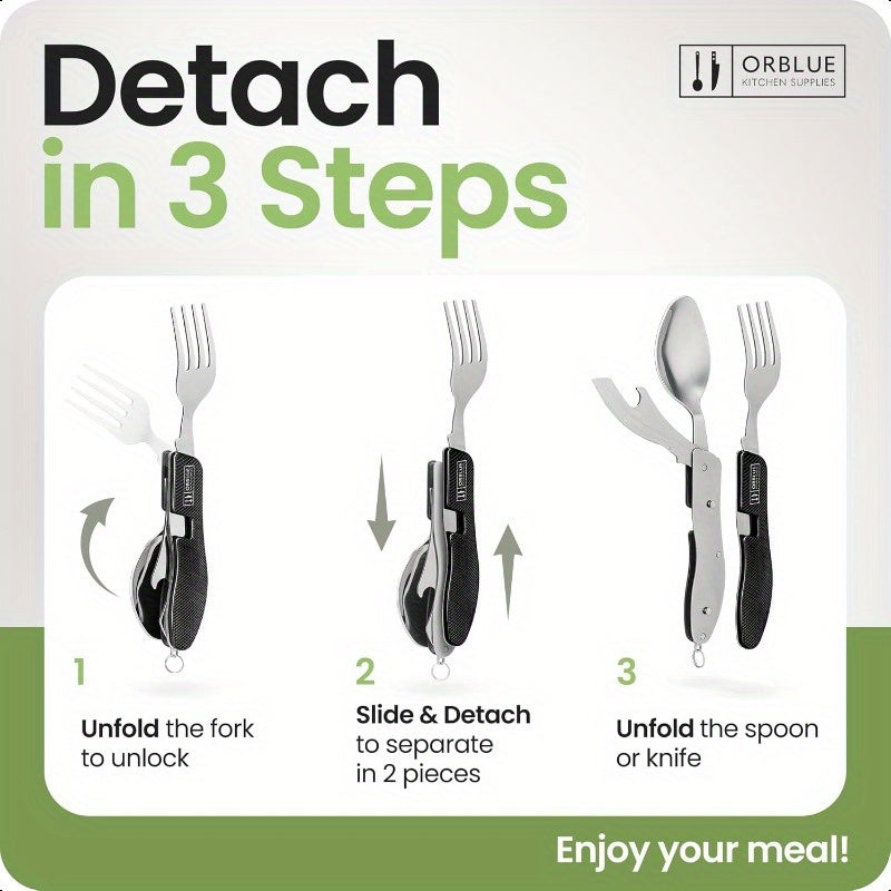 2-Pack Heavy-Duty Stainless Steel 4-in-1 Compact Camping Utensil Set with Detachable Fork, Knife, Spoon & Bottle Opener - Portable Multitool Flatware with Ergonomic Non-Slip Handle, Sheath & Carrying Case for Backpacking, Hiking, Survival, Travel - Ideal