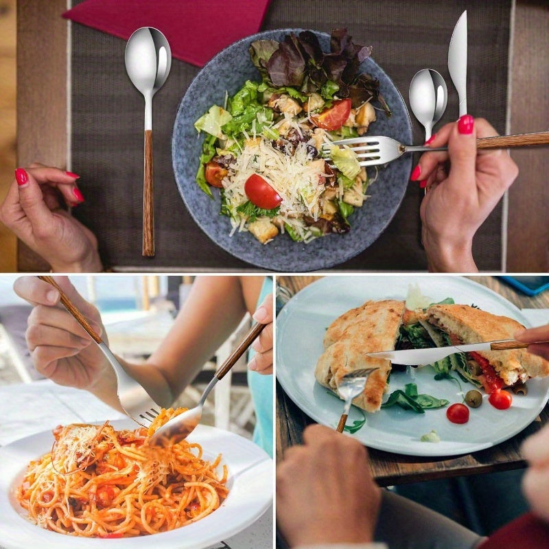 Stainless Steel Flatware Set 4, Cutlery Utensils Set with Simulated Wooden Handle Include Knives Forks Spoons Service 4, Mirror Polished and Dishwasher Safe Silvery, Stainless Steel Cutlery Set, Cutlery Set Stainless Steel, Cutlery, Portable Cutlery Set,