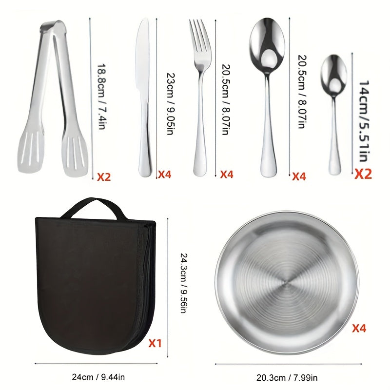 21pcs Stainless Steel Polished Portable Cutlery Set - Durable Outdoor Picnic Tools with Knife, Forks, Plates, Soup Spoons, Bottle Opener, Coffee Spoon, Tongs & Storage Bag, Dishwasher Safe, Reusable for Travel, Camping, Parties & More