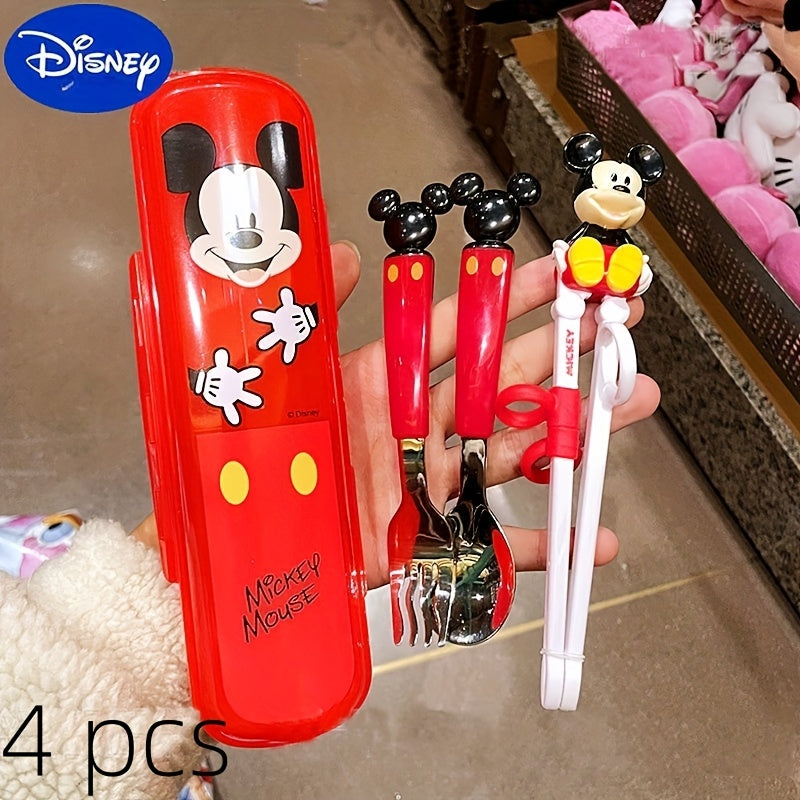 4pcs Training Chopsticks and 304 Stainless Steel Fork and Spoon, Cartoon Novelty Style with Box, Elsa Princess, Mickey and Minnie, Stitch Can Be Selected, Portable Learning Chopsticks Cute Tableware, Suitable for Beginners Outdoor Camping Accessories Home