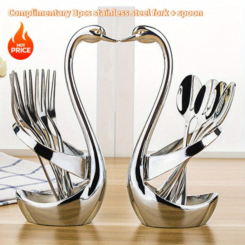 7pcs Elegant Swan-shaped Stainless Steel Cutlery Holder Set, Includes 3 Forks and 3 Spoons - Rust-proof, Suitable for Kitchen and Restaurant Use, Swan Coffee Spoon Home Supplies Tableware Fruit Fork Set