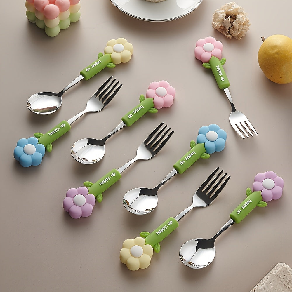 4pcs Flower Silicone Handle Fork and Spoon Set Stainless Steel Tableware Suitable for Kitchen Restaurant Hotel Carrying Party Travel Camping