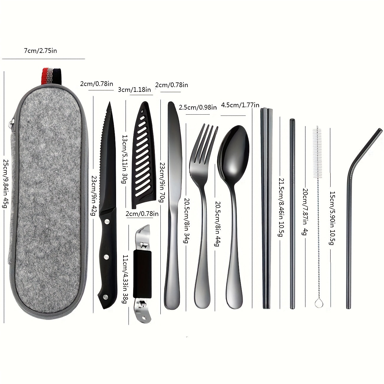 Customize Your Text, 9/10pcs Black Silvery Stainless Steel Outdoor Portable Cutlery Set, Travel Camping Set, Including Knife, Fork, Spoon, Chopsticks, Cleaning Brush, Straw, Bottle Opener, Steak Knife with Knife Cover, Safe And Not Easily Damaged