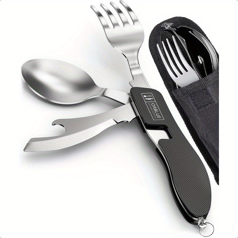2-Pack Heavy-Duty Stainless Steel 4-in-1 Compact Camping Utensil Set with Detachable Fork, Knife, Spoon & Bottle Opener - Portable Multitool Flatware with Ergonomic Non-Slip Handle, Sheath & Carrying Case for Backpacking, Hiking, Survival, Travel - Ideal