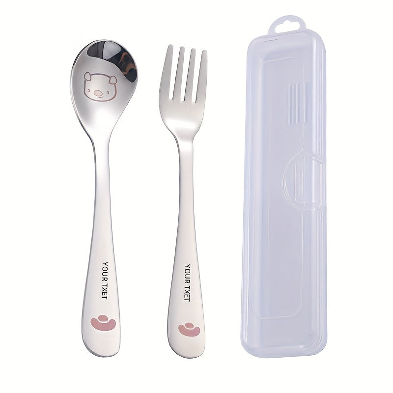 Personalized Customization, 2pcs+Box Portable Cutlery Set with Fork Spoon, Reusable Stainless Steel Fork Spoon Set, Cute Cartoon Cutlery with Cutlery Box, Suitable for Travel, Outdoor Camping, Gift Giving, Cats, Dogs, Pigs, Frogs, Deer