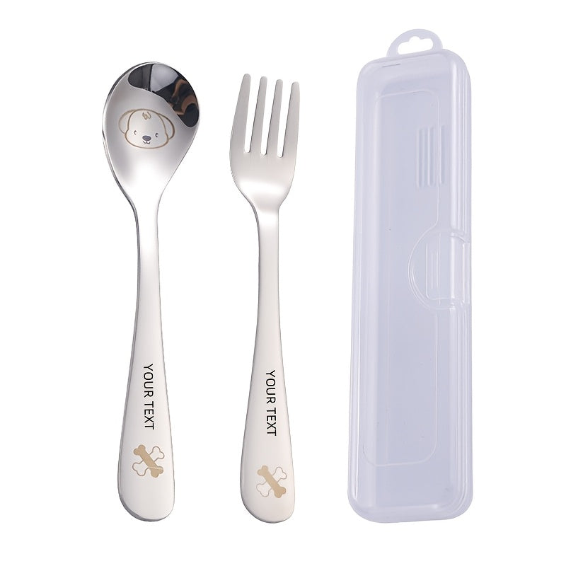 Personalized Customization, 2pcs+Box Portable Cutlery Set with Fork Spoon, Reusable Stainless Steel Fork Spoon Set, Cute Cartoon Cutlery with Cutlery Box, Suitable for Travel, Outdoor Camping, Gift Giving, Cats, Dogs, Pigs, Frogs, Deer