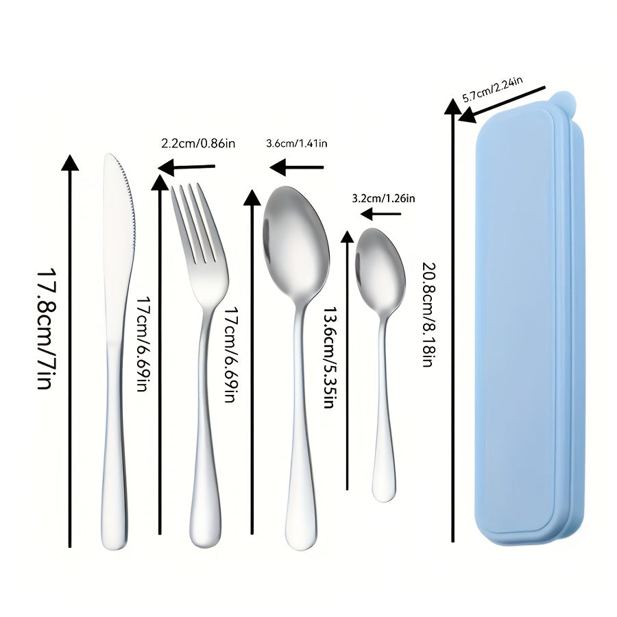 5pcs Portable Stainless Steel Cutlery Set with Storage Box, Reusible Silverware Camping Utensils Includes Fork Spoon Knife Dishwasher Safe for Work School Picnic Travel Lunchbox Kit