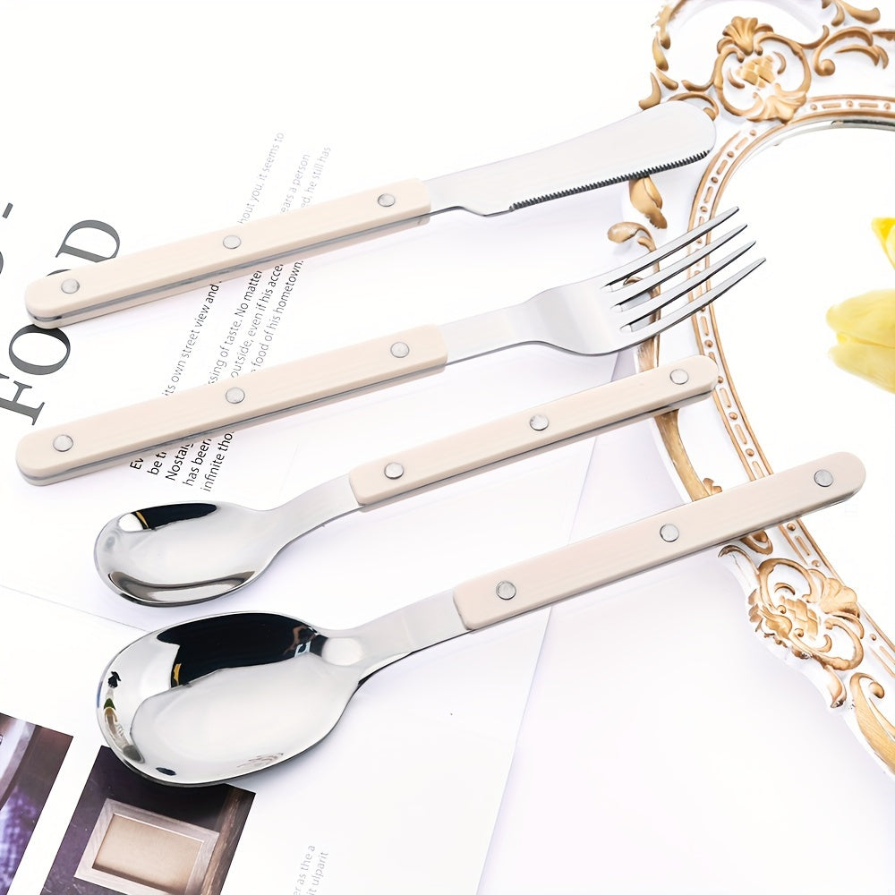 12/16pcs mirror tableware set, main knife fork spoon tea spoon acrylic plastic handle tableware, stainless steel daily tableware set, suitable for kitchen and home use, Best for Christmas, Perfect for Thanksgiving