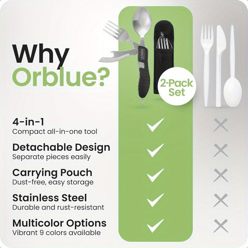 2-Pack Heavy-Duty Stainless Steel 4-in-1 Compact Camping Utensil Set with Detachable Fork, Knife, Spoon & Bottle Opener - Portable Multitool Flatware with Ergonomic Non-Slip Handle, Sheath & Carrying Case for Backpacking, Hiking, Survival, Travel - Ideal