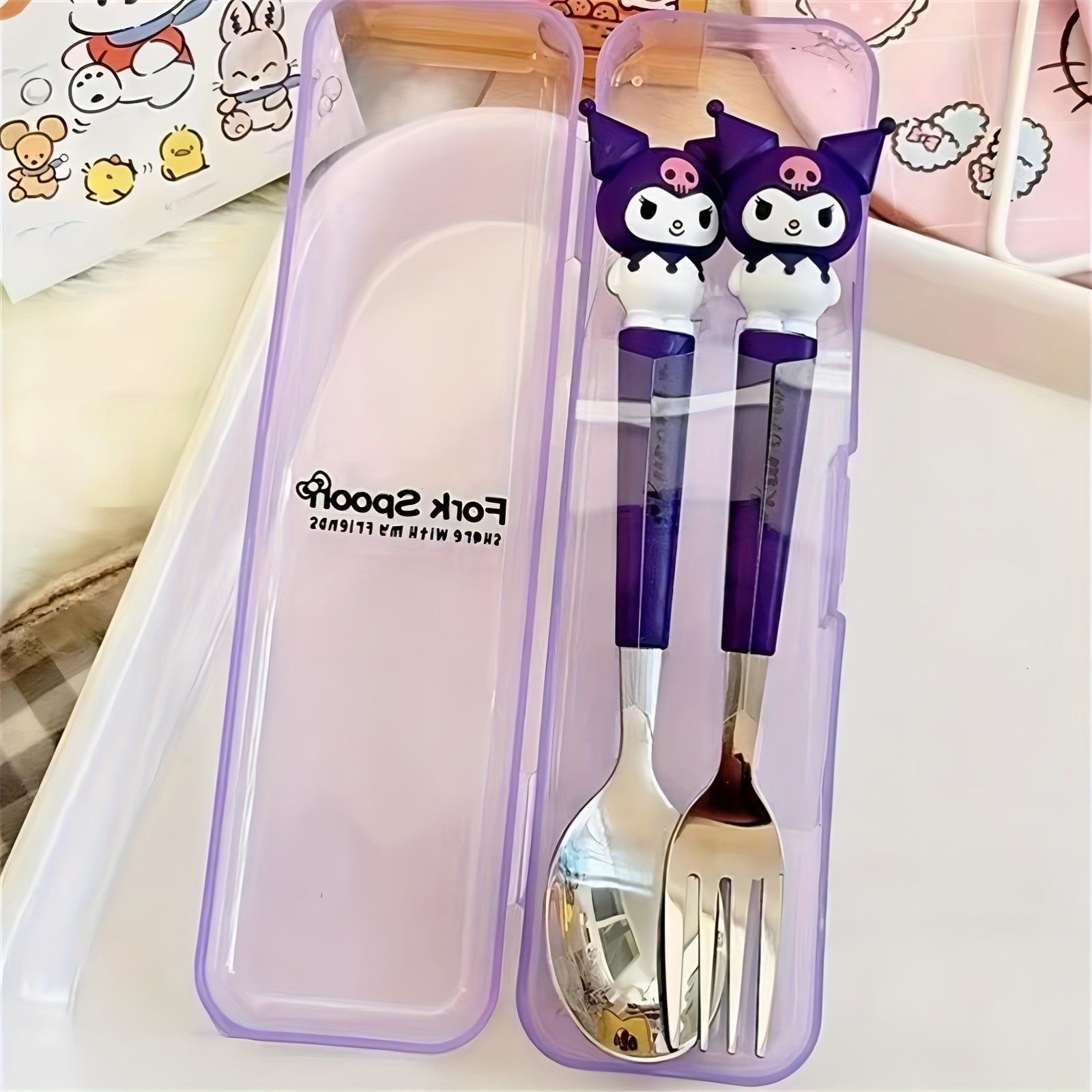 2pcs Sanrio Stainless Steel Portable Cutlery Set - Cute Cartoon Design with Pink Handles, Includes Spoon and Fork, Ideal for Outdoor Travel and Daily Use, Travel Essentials|Playful Design|Durable Cutlery