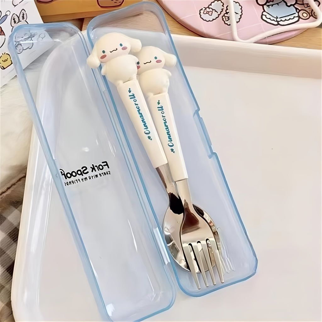 2pcs Sanrio Stainless Steel Portable Cutlery Set - Cute Cartoon Design with Pink Handles, Includes Spoon and Fork, Ideal for Outdoor Travel and Daily Use, Travel Essentials|Playful Design|Durable Cutlery