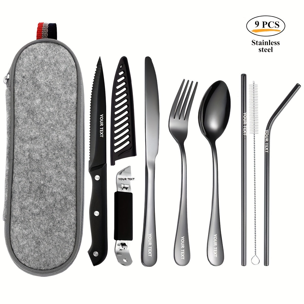 Personalized Customized Outdoor Portable Cutlery Set, Travel Camping Set, 9/10pcs Including Knife, Fork, Spoon, Chopsticks, Cleaning Brush, Straw, Bottle Opener, Steak Knife with Knife Cover, Safe And Not Easily Damaged, Portable Bag, Silvery/Black