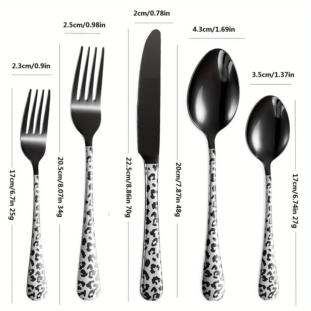 Black cutlery set includes spoons, forks, knives, stainless steel cutlery set, leopard print pattern innovative cutlery set, 5/20pcs, dishwasher washable, mirror polished cutlery set