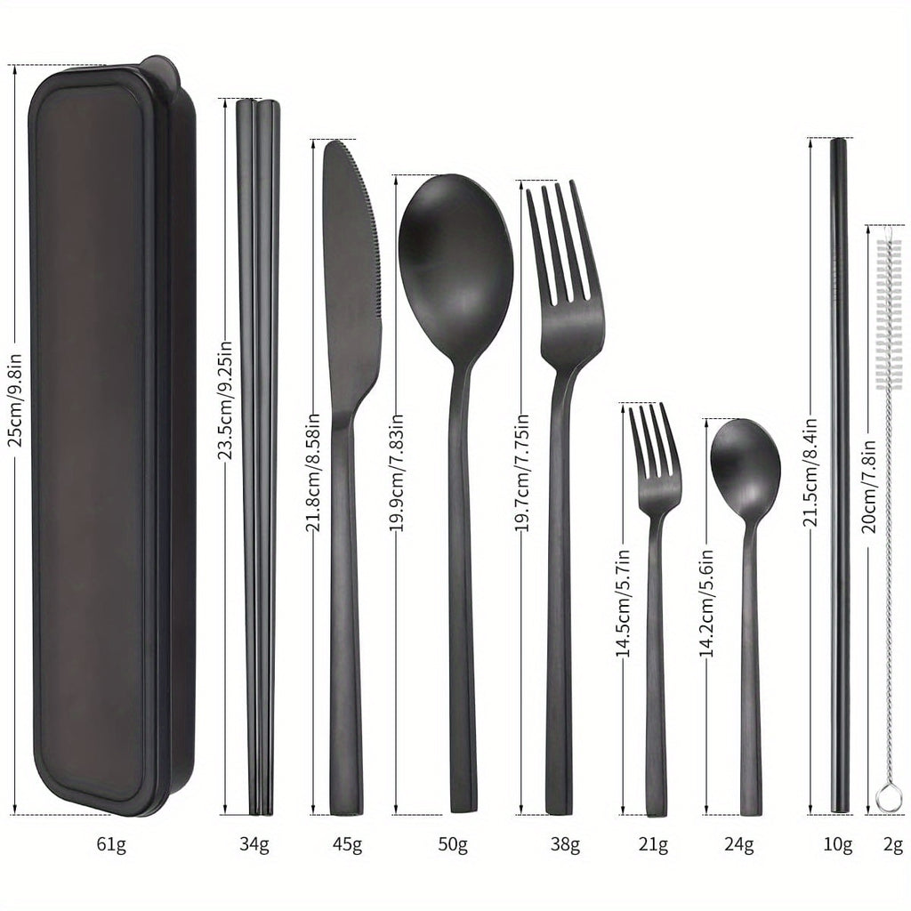 6pcs Stainless Steel Flatware Set - Portable, Reusable Cutlery with Chopsticks, Knife, Fork, Spoon, and Cleaning Brush - Dishwasher Safe, Ideal for Travel and Outdoor Use, Outdoor Dining Essentials|Modern Cutlery Set|Durable Cutlery