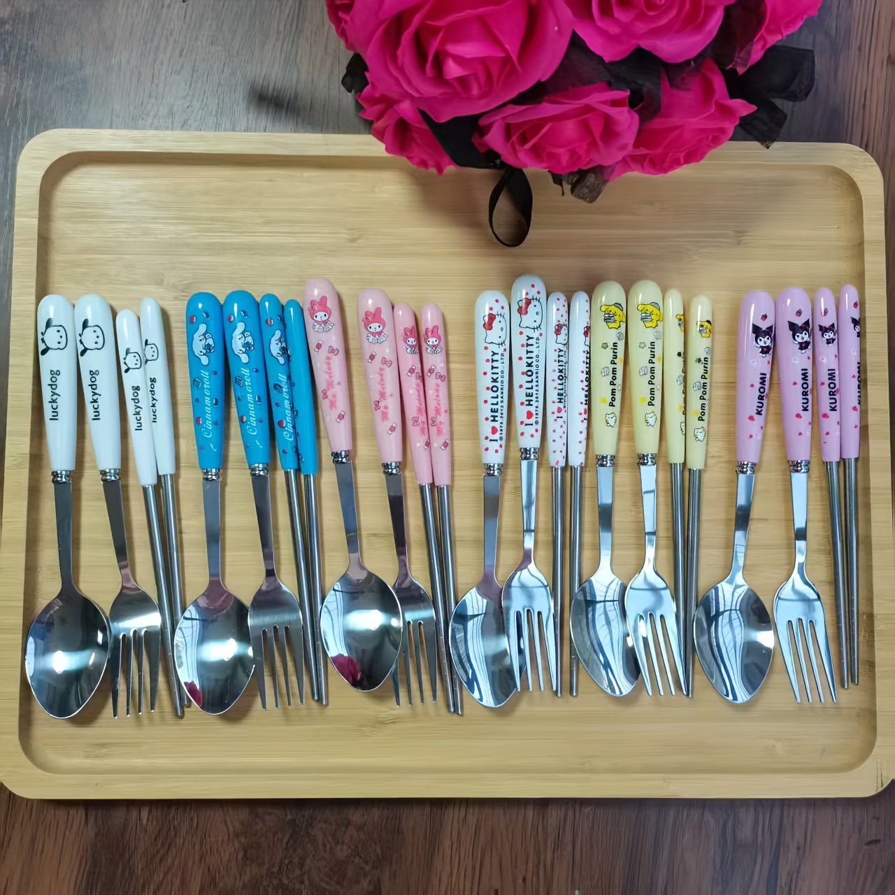 Sanrio for hello kitty, for Kuromi & for Cinnamoroll Stainless Steel Flatware Set - 3pcs Cute Character Cutlery with Portable Case, 304 Stainless Steel Fork Spoon Chopsticks for Home, Travel, Parties, Outdoor - Collectible Gift for Fans, Themed Party