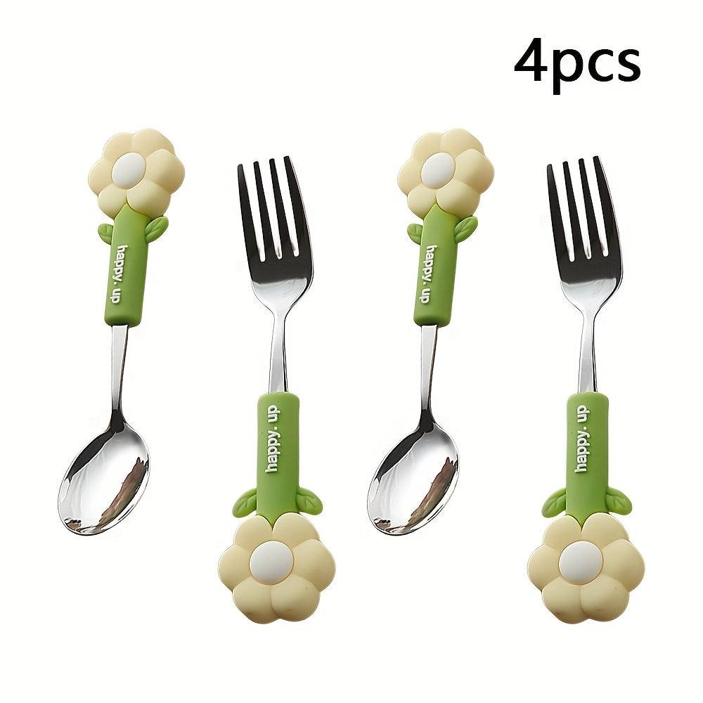 4pcs Flower Silicone Handle Fork and Spoon Set Stainless Steel Tableware Suitable for Kitchen Restaurant Hotel Carrying Party Travel Camping
