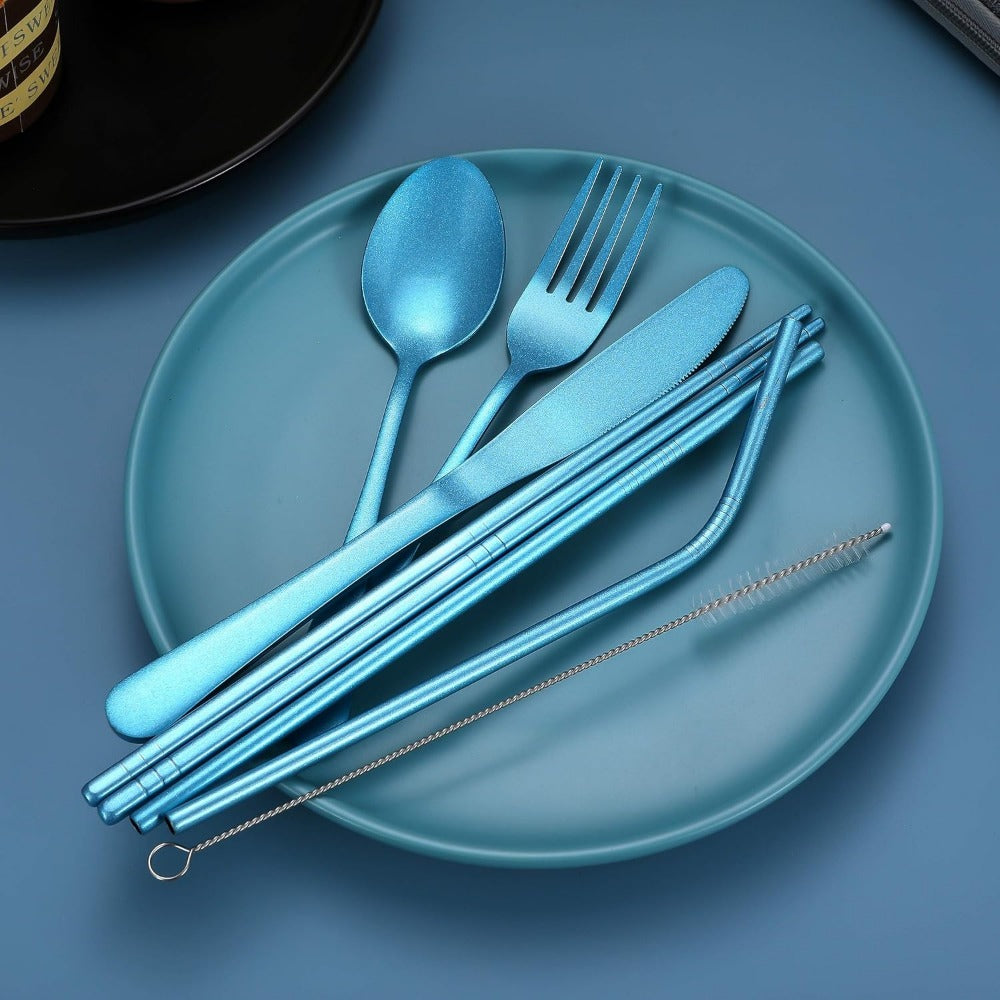 Portable Stainless Steel Flatware Set, Travel Camping Cutlery, Portable Utensil Silverware Dinnerware Set with a Case (Black)