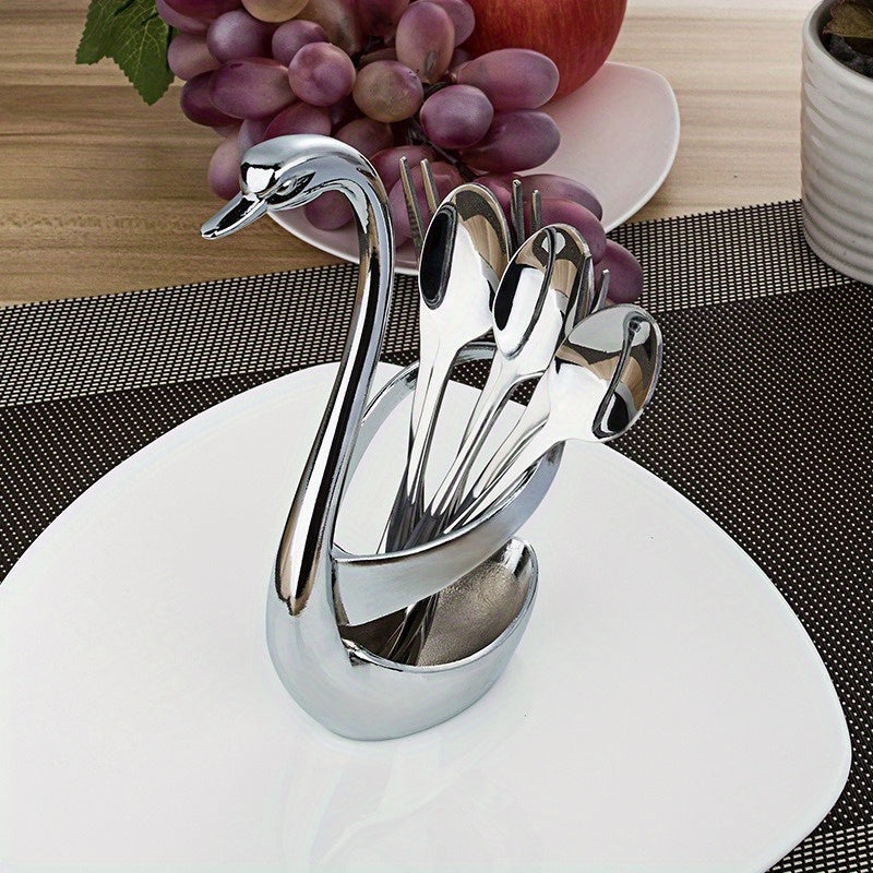 7pcs Elegant Swan-shaped Stainless Steel Cutlery Holder Set, Includes 3 Forks and 3 Spoons - Rust-proof, Suitable for Kitchen and Restaurant Use, Swan Coffee Spoon Home Supplies Tableware Fruit Fork Set