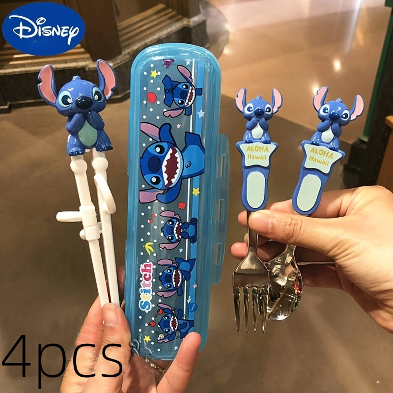 4pcs Training Chopsticks and 304 Stainless Steel Fork and Spoon, Cartoon Novelty Style with Box, Elsa Princess, Mickey and Minnie, Stitch Can Be Selected, Portable Learning Chopsticks Cute Tableware, Suitable for Beginners Outdoor Camping Accessories Home
