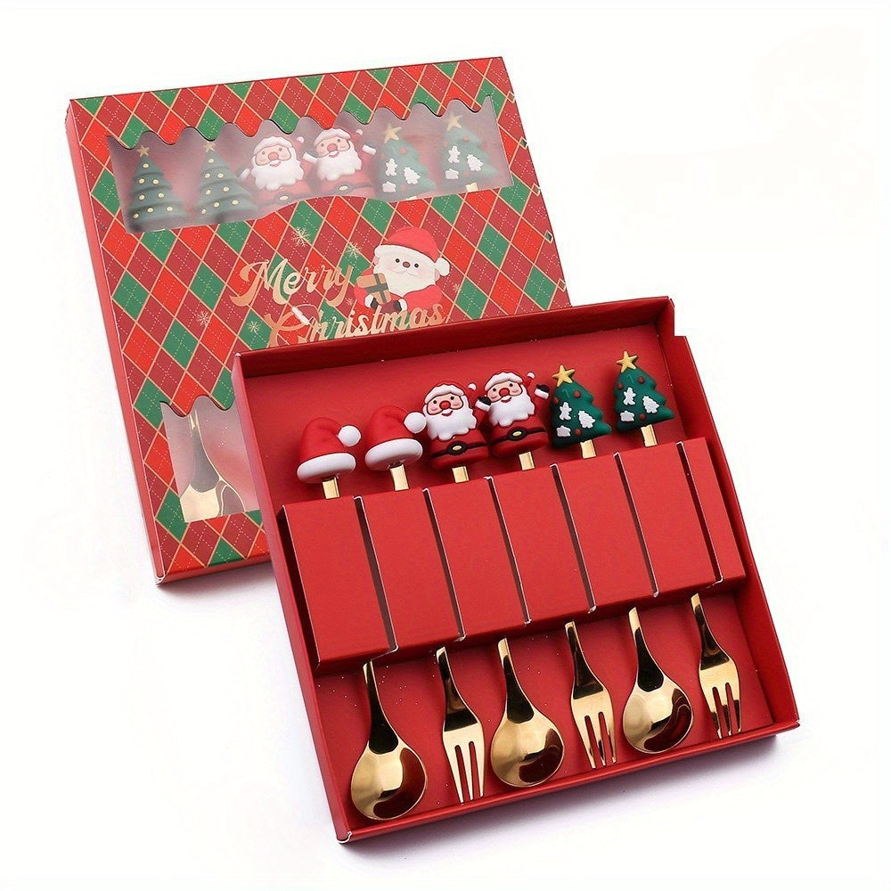 6pcs Stainless Steel Holiday Cutlery Set with Santa & Snowman Dessert Spoons and Forks - 410 Grade Rust-Resistant Christmas, Halloween, Thanksgiving & Eid al-Fitr Gift Box - Festive Tableware for Family Gatherings, Parties, and Seasonal Decorations -