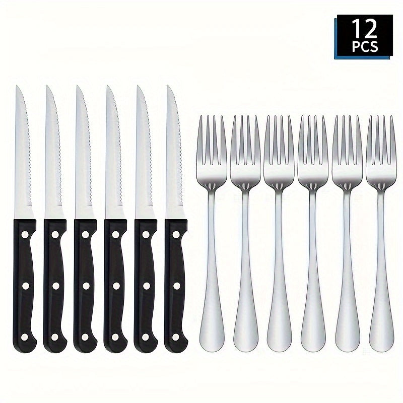 12pcs Stainless Steel Knife and Fork Cutlery Set Classic Black Steak Knife and Fork Dining Table Colorful Pizza Knife Multi-purpose Serrated Bread Knife BBQ Camping Steak Knife and Fork