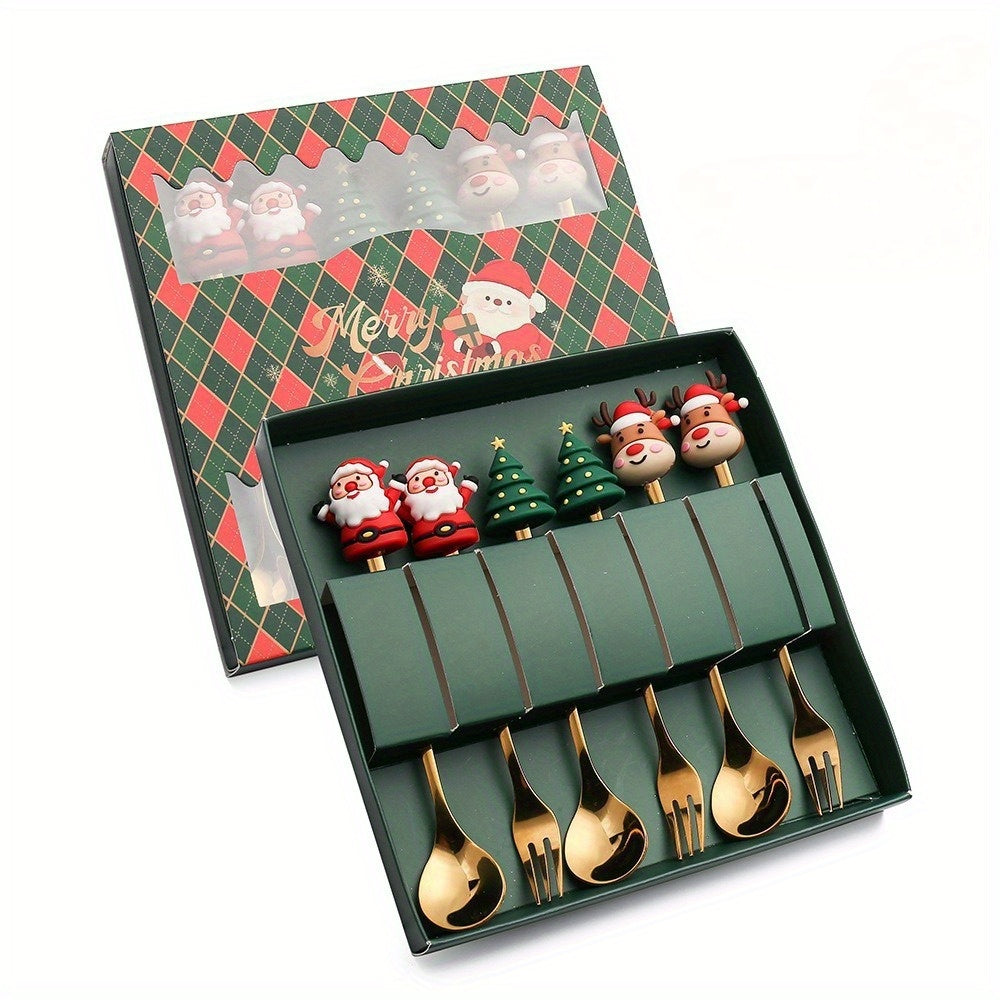 6pcs Stainless Steel Holiday Cutlery Set with Santa & Snowman Dessert Spoons and Forks - 410 Grade Rust-Resistant Christmas, Halloween, Thanksgiving & Eid al-Fitr Gift Box - Festive Tableware for Family Gatherings, Parties, and Seasonal Decorations -