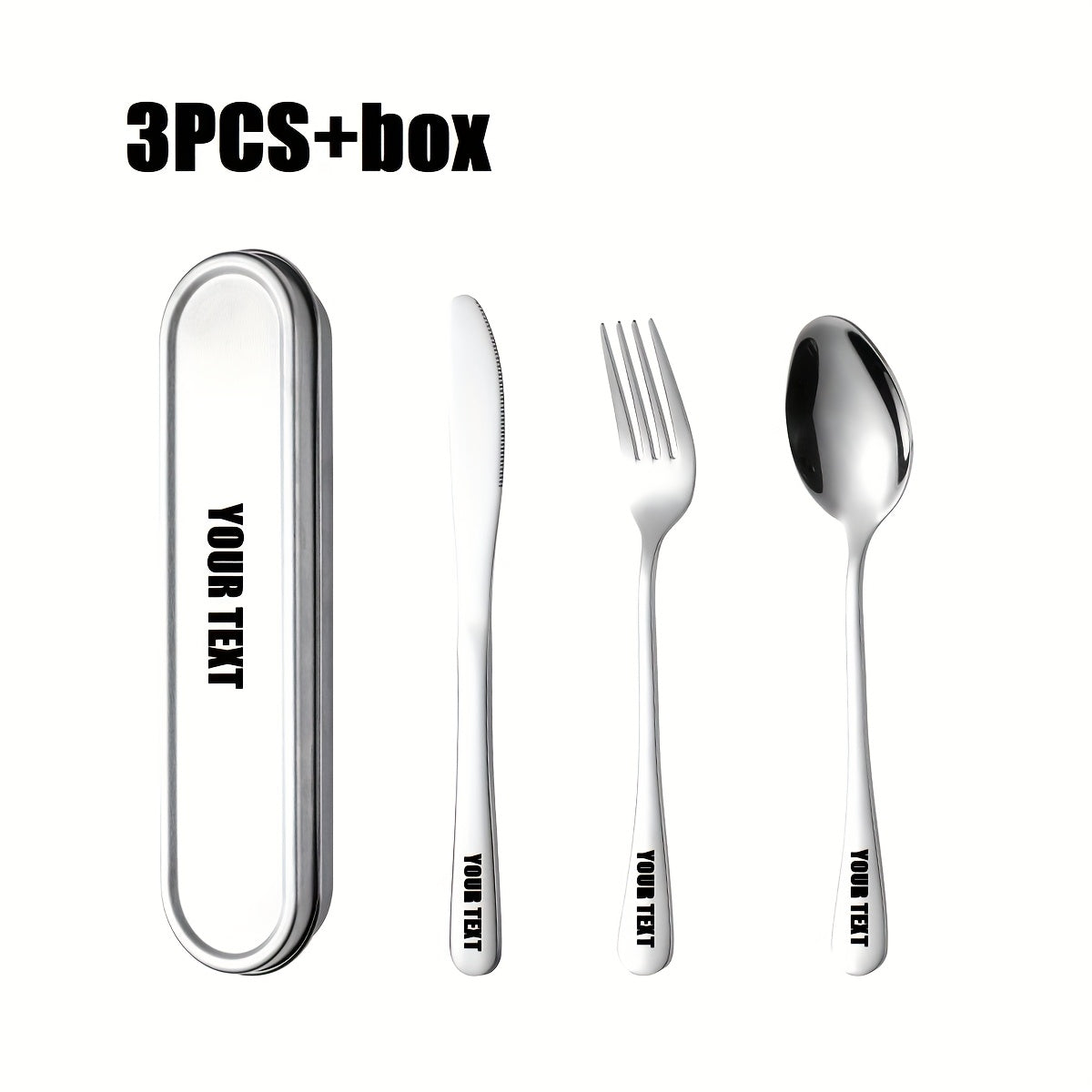 Customize your text with a 3/4pcs 304 Silvery stainless steel knives, forks, spoons, and portable cutlery boxes. The silverware set is easy to store, not damaged, and suitable for going out, picnicking, camping, outdoor activities, and school season