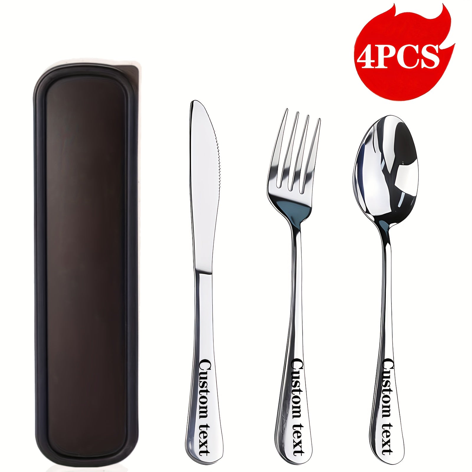 4pcs Customized Text, Engraved 3pcs Stainless Steel Cutlery Set, Portable Knife Fork Spoon and Box, Silvery/Black, Essential for Couples, Travel, Camping, Office, School Restaurant Lunch Box, Christmas Gift