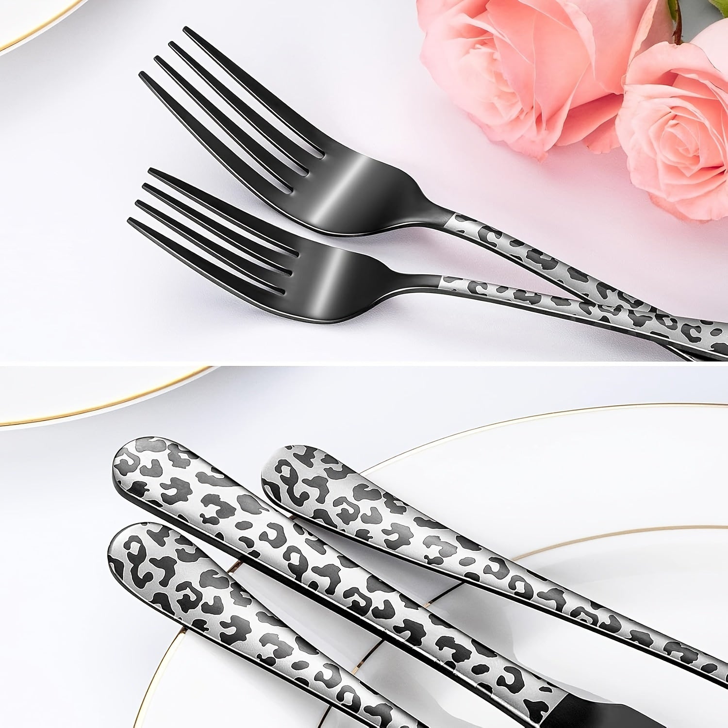 Black cutlery set includes spoons, forks, knives, stainless steel cutlery set, leopard print pattern innovative cutlery set, 5/20pcs, dishwasher washable, mirror polished cutlery set
