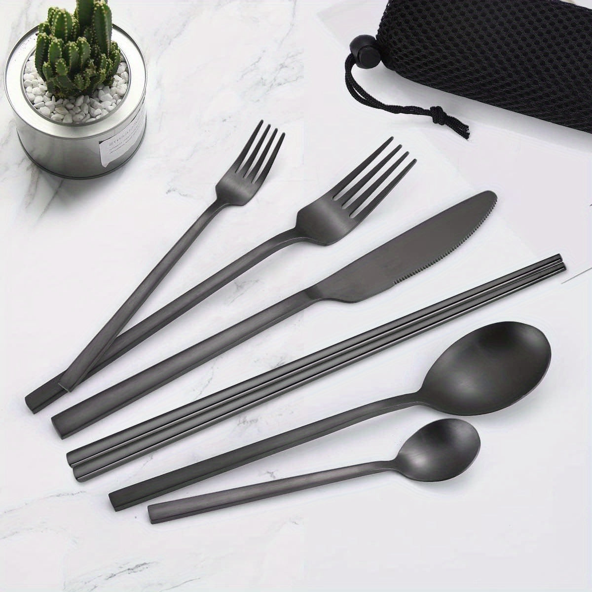 6pcs Stainless Steel Flatware Set - Portable, Reusable Cutlery with Chopsticks, Knife, Fork, Spoon, and Cleaning Brush - Dishwasher Safe, Ideal for Travel and Outdoor Use, Outdoor Dining Essentials|Modern Cutlery Set|Durable Cutlery