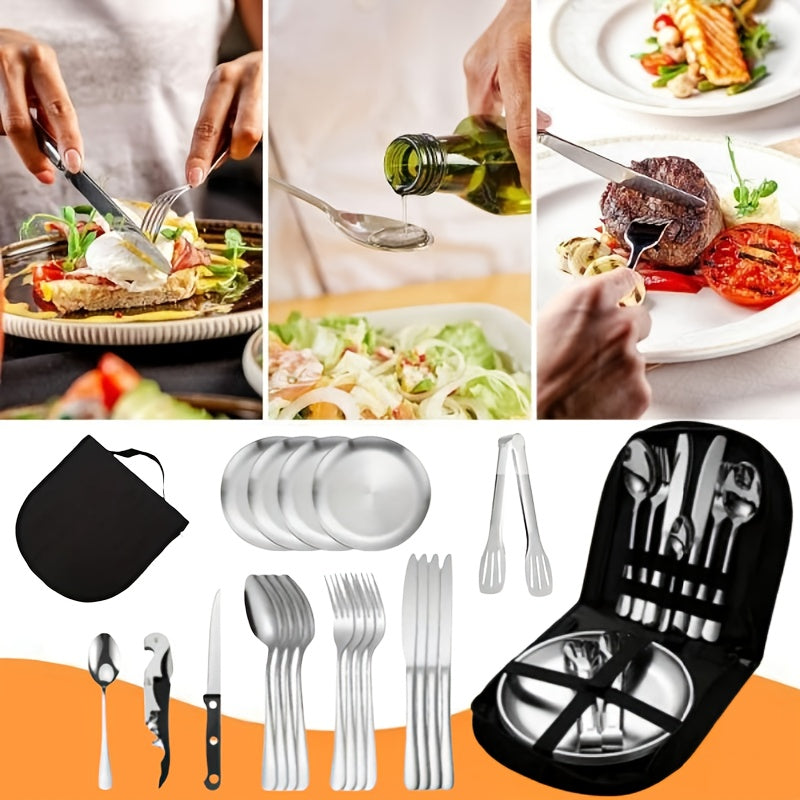 21pcs Portable Cutlery Set - Durable Outdoor Picnic Tools, Stainless Steel Camping Utensils with Steak Knives, Dinner Forks, Plates, Soup Spoons, Bottle Opener, Tongs & Storage Bag, Dishwasher Safe, Reusable for Travel, Backpacking, Camping, Parties, and