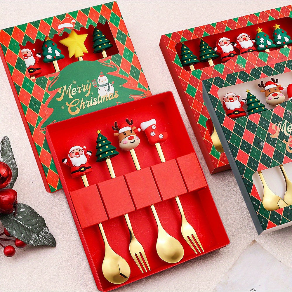 6pcs Stainless Steel Holiday Cutlery Set with Santa & Snowman Dessert Spoons and Forks - 410 Grade Rust-Resistant Christmas, Halloween, Thanksgiving & Eid al-Fitr Gift Box - Festive Tableware for Family Gatherings, Parties, and Seasonal Decorations -
