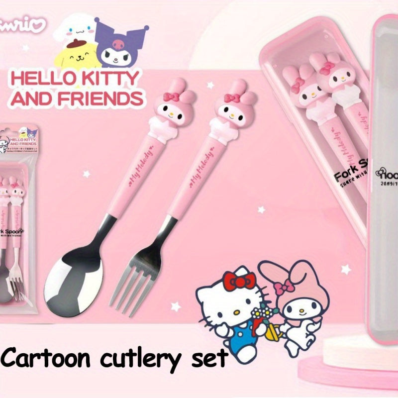 KT Cutlery Set - Outdoor Chopsticks, Knife & Fork Sanrio 2pcs Set: Hello Kitty, Cinnamon Dog, Melody Spoon and Fork Combo, Cute Cartoon Stainless Steel with 3D Silicone Handle for Camping Picnic, All-Season Use