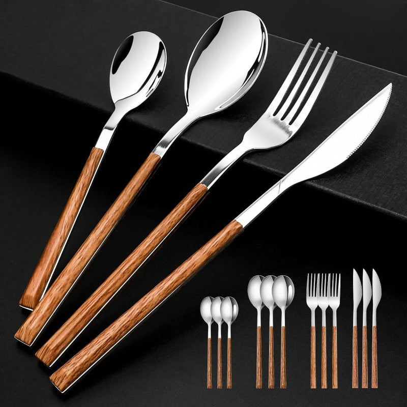 Stainless Steel Flatware Set 4, Cutlery Utensils Set with Simulated Wooden Handle Include Knives Forks Spoons Service 4, Mirror Polished and Dishwasher Safe Silvery, Stainless Steel Cutlery Set, Cutlery Set Stainless Steel, Cutlery, Portable Cutlery Set,