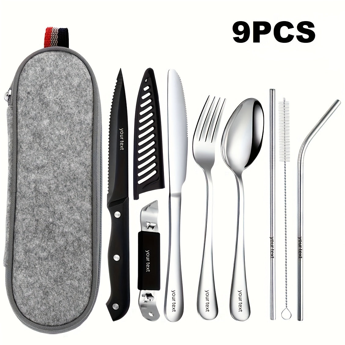 Customize Your Text, 9/10pcs Black Silvery Stainless Steel Outdoor Portable Cutlery Set, Travel Camping Set, Including Knife, Fork, Spoon, Chopsticks, Cleaning Brush, Straw, Bottle Opener, Steak Knife with Knife Cover, Safe And Not Easily Damaged