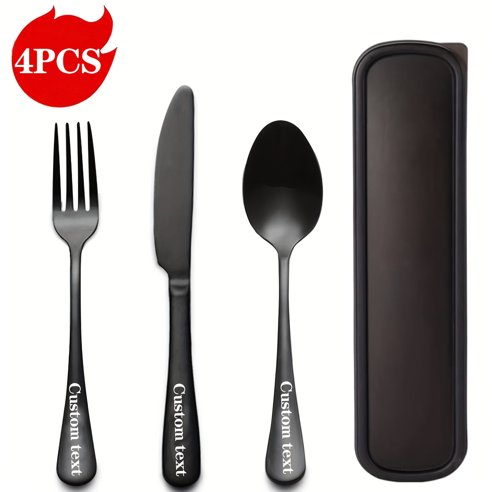 4pcs Customized Text, Engraved 3pcs Stainless Steel Cutlery Set, Portable Knife Fork Spoon and Box, Silvery/Black, Essential for Couples, Travel, Camping, Office, School Restaurant Lunch Box, Christmas Gift