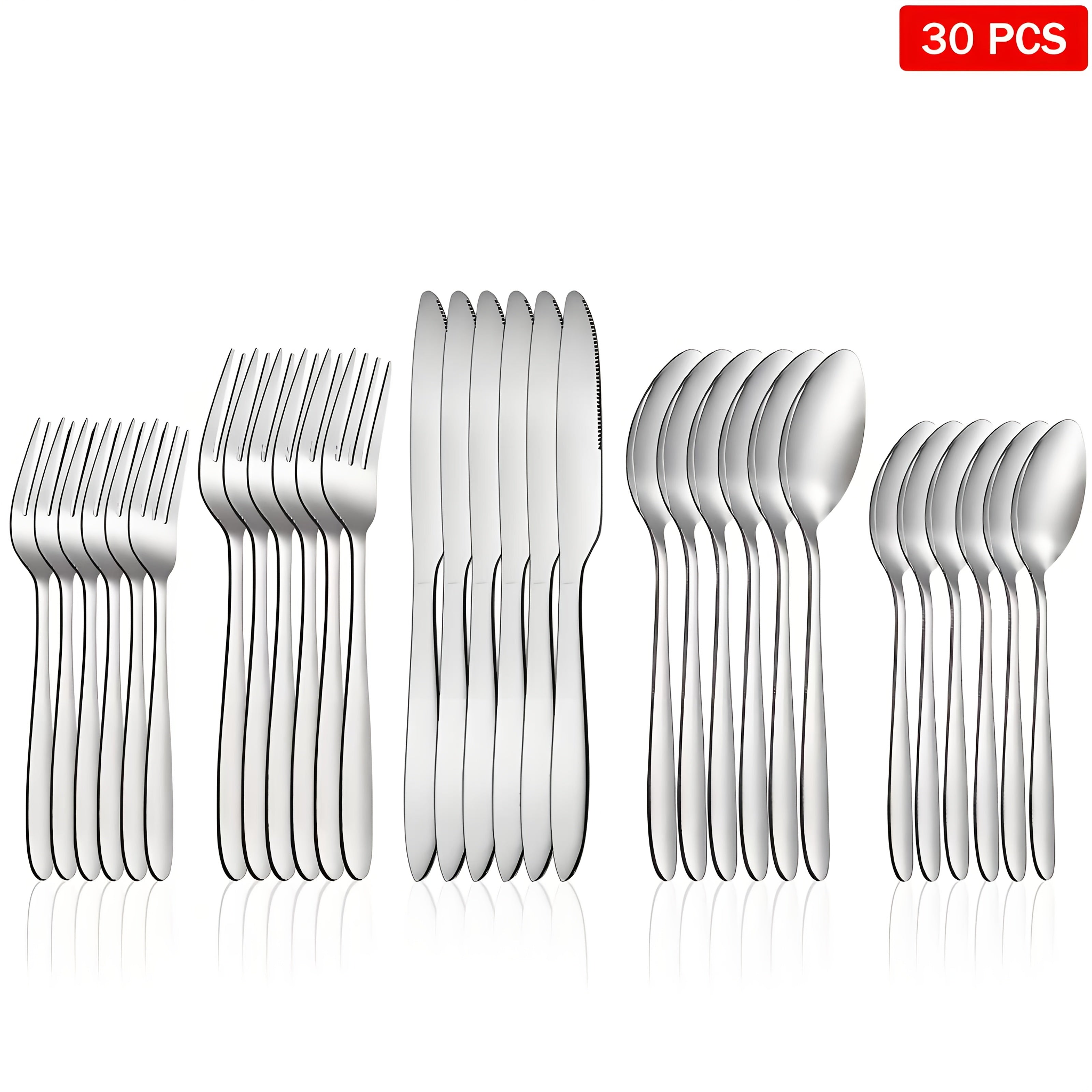 30pcs Stainless Steel Silver Tableware Set Knife, Fork and Spoon Set with Steak Knife 4-person Service Stainless Steel Tableware Set Mirror Polished Tableware Set Kitchen Tableware Fork and Spoon Set